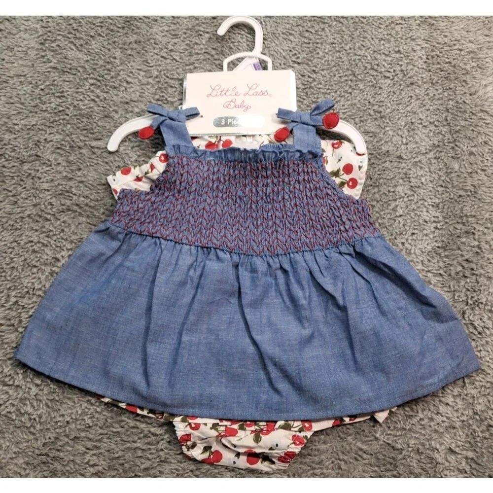 New Little Lass Baby Girls Sz 24 M 3 Piece Outfit Tank Top Shirt Hat Bloomers